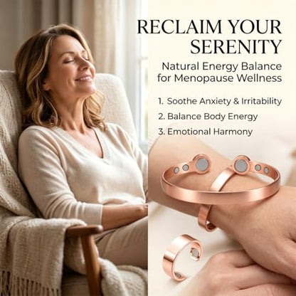 Calming Bracelet Ring Set for Women, Menopause Bracelets Adjustable Bangle Stainless Steel Cuff Climacterium Anxiety Stress Relief Energy Open Jewelry Gift - color: Rose Gold PRO+ Rose Gold