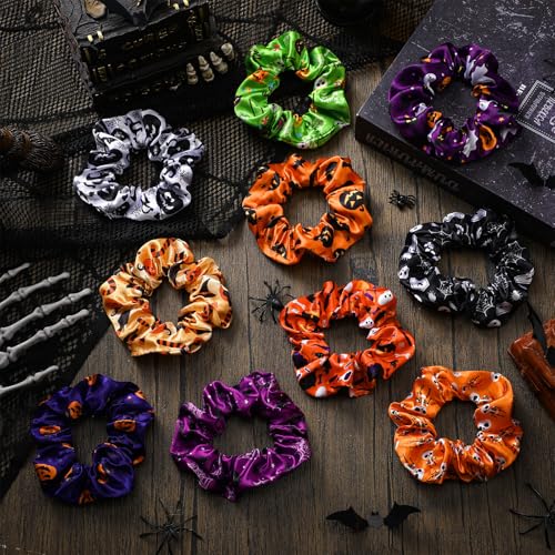 80 Pcs Halloween Satin Hair Scrunchies Pumpkin Skull Black Cat Silk Hair Ties Elastic Bands Ropes Ponytail Holders Ties Halloween Accessories for Women Party Favors - style: Pumpkin