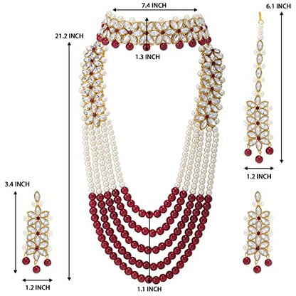 Aheli Wedding Party Wear Bridal Jewellery Choker Long Pearl Necklace Earrings Maang Tikka Indian Traditional Set Gift for Women - color: Maroon