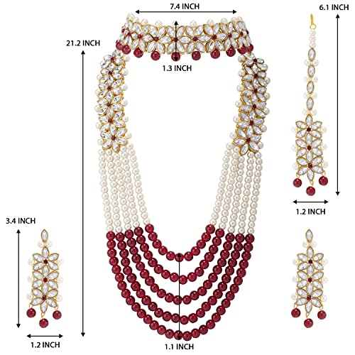 Aheli Wedding Party Wear Bridal Jewellery Choker Long Pearl Necklace Earrings Maang Tikka Indian Traditional Set Gift for Women - color: Maroon 3