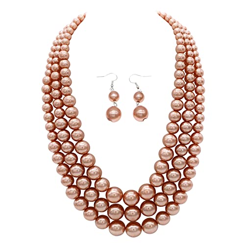 Chunky Layered Imitation Pearl Necklace for Women 3 strand Pearl Necklaces Faux Pearl Necklace Earrings Set 1920s Flapper Gatsby Costume Accessories - color: 3 strand pearl necklace champagne