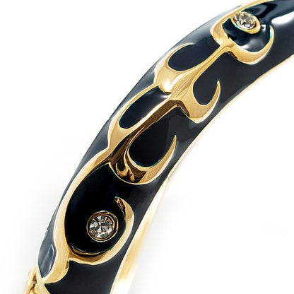 Avalaya Navy Blue Enamel Curvy Crystal Hinged Bangle (Gold Tone Finish)