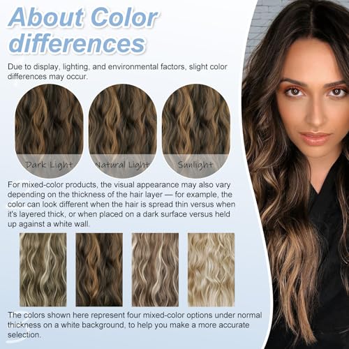 Balayage Dark Brown Halo Hair Extensions with Chestnut Highlights | 20 Inch Wavy Synthetic Fiber with Invisible Wire and 4 Secure Clips for Easy Daily Styling and Party Wear - color: Brown Highlight