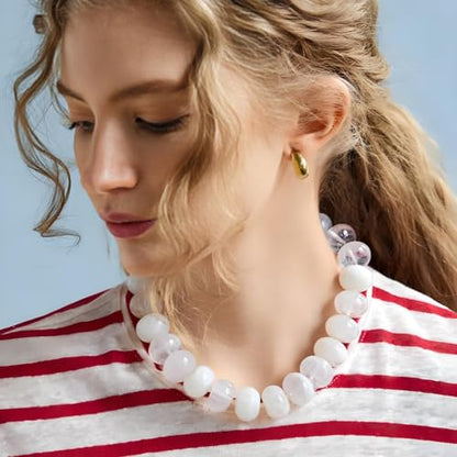 Chunky Beaded Statement Necklace for Women, Colorful Rondelle Bead, Bohemian Style, Adjustable Length, Summer Beach Accessory - color: White