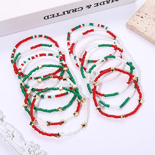 HEIDKRUEGER Bead Stretch Bracelets Independence Colorful Tiny Beaded Stackable Vsco Bracelets Boho Summer Vacation Adjustable Bangle Bracelet for Women Girls 14Pcs - color: 12Pcs Christmas