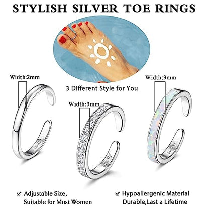 Jstyle 3PCS 14K Gold Filled Toe Rings for Women Adjustable Silver Gold Toe Ring Set Cute Opal CZ Daisy Flower Toe Rings Open Band Hawaiian Beach Summer Foot Jewelry for Women - color: Silver