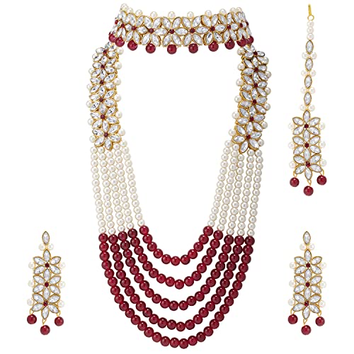 Aheli Wedding Party Wear Bridal Jewellery Choker Long Pearl Necklace Earrings Maang Tikka Indian Traditional Set Gift for Women - color: Maroon 3