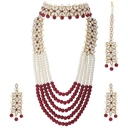 Aheli Wedding Party Wear Bridal Jewellery Choker Long Pearl Necklace Earrings Maang Tikka Indian Traditional Set Gift for Women - color: Maroon 3