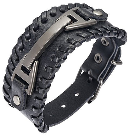 Leather Bracelet for Men Braided Stainless Steel Mens Bracelets - color: Black 1