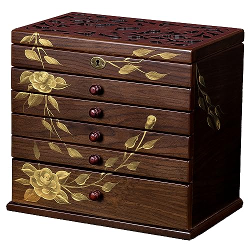 Vintage Wooden Jewelry Box for Women, 7-Layer Hand-painted Organizer | Large Lock Lockable Antique Storage Wood Solid Felt Necklace Ring Earring Bracelet Gift Rustic Floral Carved Display Cabinet - size: 7-layer Hand-drawn