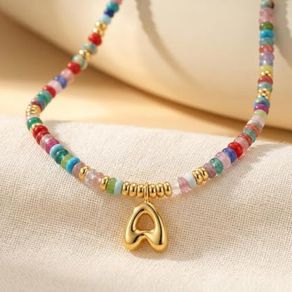 YOUFENG Initial Letter Necklaces for Women Colorful Beaded Gemstone Choker 14K Gold Plated Bubble Letter Pendant Necklace Natural Stone Handmade Jewelry Gift - color: A