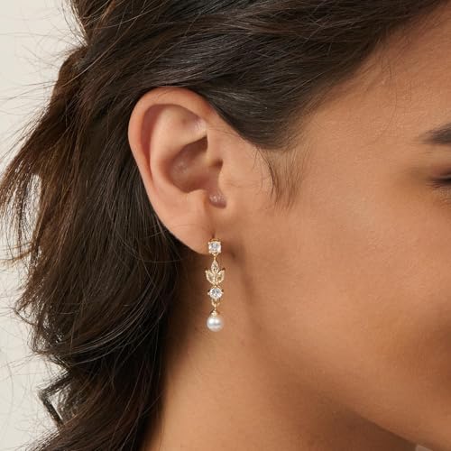 Pearl Earrings - 14K Gold/White Gold/Rose Gold Plated Cubic Zirconia CZ Diaomond Accented Pearl Drop Dangle Earrings for Women Wedding Bridal Prom - color: Leaf Dangle