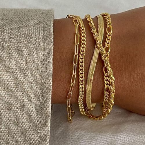 Alegend 14K Gold Plated Stackable Multilayer Bracelets + Titanium Steel(Not Rust, Resist Corruption, Easily Clean) 18K Gold Plated Single Bracelets - color: 14K Gold Plated Five-Layered