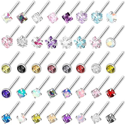36-44 Pcs 18G 20G Nose Rings Studs Nose Rings for Women Nose Piercings Jewelry Surgical Stainless Steel Nose Studs Moon Star Heart Butterfly Hypoallergenic Body Piercing Jewelry for Women Men - color: 18G Colorful D-Straight- 40 Pcs