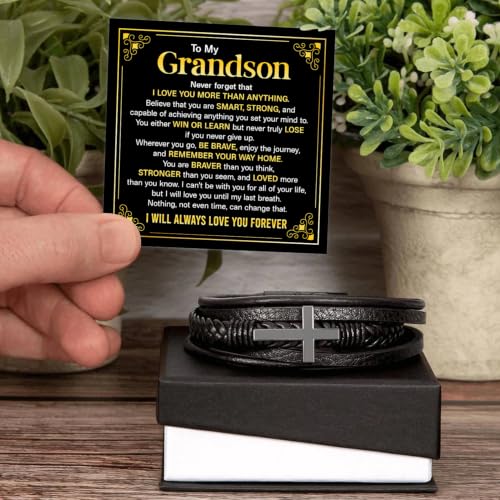 To My GrandSon Bracelet – Cross Braided Leather Bracelet, Meaningful GrandSon Gift from Grandpa & Grandma with Heartfelt Message Card & Elegant Gift Box for Birthday, Christmas, Graduation - color: Version#2