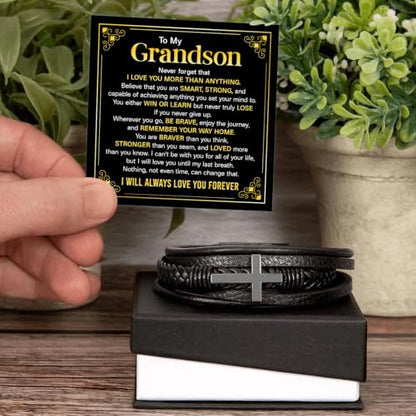 To My GrandSon Bracelet – Cross Braided Leather Bracelet, Meaningful GrandSon Gift from Grandpa & Grandma with Heartfelt Message Card & Elegant Gift Box for Birthday, Christmas, Graduation - color: Version#2