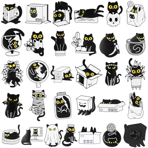 Landical 30/60 Pcs Cute Enamel Pins Bulk Plant Flower Animal Halloween Gothic Fall Pumpkin Cartoon Lapel Pin Brooches Jewelry Gift for Backpack Clothes Hats Accessories - style: Cat