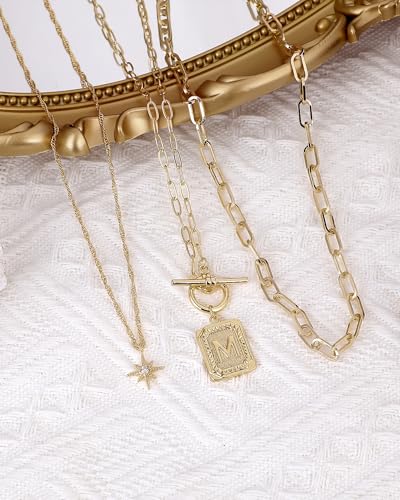 MJartoria Layered Initial Necklaces for Women | 14K Gold Plated Brass, Star Choker, Square Letter Pendant, Paperclip Chain - color: Gold, style: M