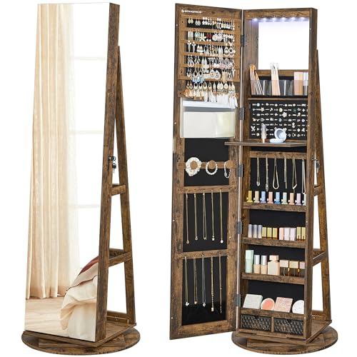 SONGMICS 6 LEDs Lockable Mirror Jewelry Cabinet, 360° Swivel Jewelry Organizer Armoire Standing, Frameless Full-Length Mirror, 3 Storage Shelves, Rustic Brown Surface, Black Lining UJJC007X01 - color: Rustic Brown, size: 14.6" Mirror
