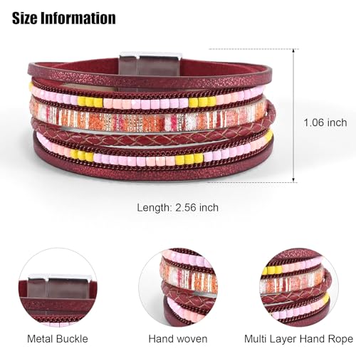VIBILIA Boho Leather Wrap Bracelets for Women Multi-Layer Bracelets | With Strong Clasp Jewelry for Women - color: 03-BohoBraid-Red