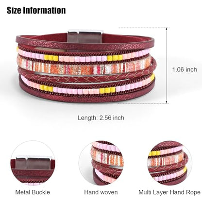 VIBILIA Boho Leather Wrap Bracelets for Women Multi-Layer Bracelets | With Strong Clasp Jewelry for Women - color: 03-BohoBraid-Red