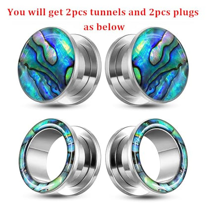 2 Pairs Abalone Pearl Shell Stainless Steel Ear Gauges Plugs and Tunnels, Size 2g - 1 inch Hypoallergenic Surgical Steel Ear Stretcher Expander Body Jewelry - color: BO1651 Silver, size: 6 mm (2g)