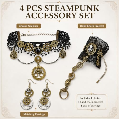 Steampunk Accessories Set Lace Choker Necklace Hand Chain Bracelet Earrings | Vintage Gothic Jewelry Gear Pendant Cosplay Costume Halloween Outfit Women Teen Festival Apparel Retro Victorian Style