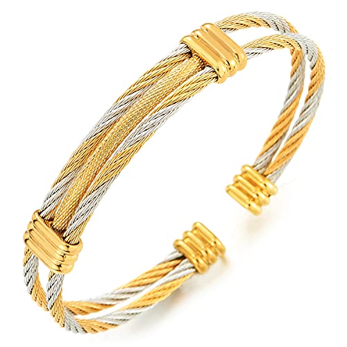 COOLSTEELANDBEYOND Men Women Stainless Steel Twisted Cable Adjustable Cuff Bangle Bracelet - color: E-Metal Color: Silver & Gold-01