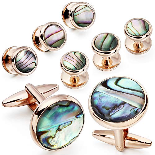 HAWSON Cufflinks and Tuxedo Studs Set for Men with Gift Box, Mother-of-Pearl Cuff links for French Cuff Shirt and Dress Shirt, Suitable for Wedding, Birthday, Party - style: Rose Gold & Abalone Shell