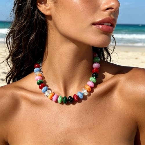Beaded Necklace for Women Statement Chunky Necklace Boho Bead Choker Acrylic Big Bead Necklaces Summer Beach Jewelry for Women - color: Colorful