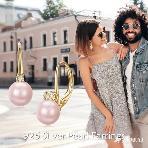 TIGER RIDER Pearl Earrings 925 Sterling Silver Leverback Hypoallergenic Drop Earring Jewelry for Women Birthday Gifts - style: Pink Pearl