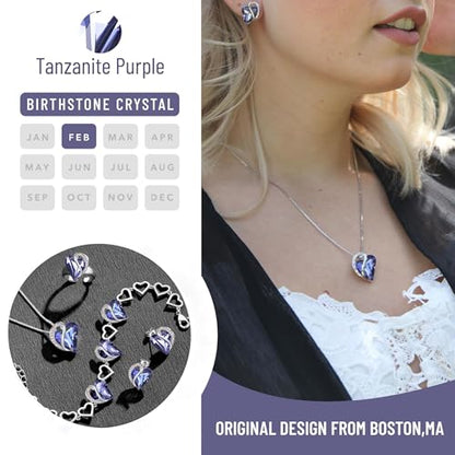 Leafael Necklace Gift Set for Women, Infinity Love Birthstone Heart Pendant with Matching Earrings and Bracelet, for Mom and Wife, Silver Plated - color: 02b-Set-February-Tanzanite Purple