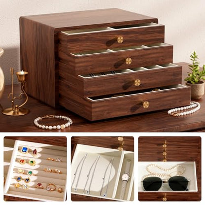 GENUINED Gifts for Women, Large Black Walnut Wooden Jewelry Box for Women, Solid Wood Jewelry Organizers and Storage(4 Layer)