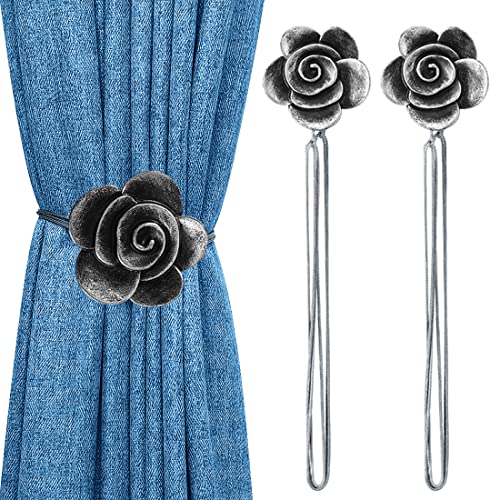 Lewondr Magnetic Curtain Tiebacks, Flower Vintage Curtain Holdbacks, Ink | 1 Pair, Resin Curtain Ties with Rope Drapery Retro Window Curtain Decorative Buckle Holder for Outdoor, Home, Cafe Balcony - color: Ink Camellia, size: 2 Pieces