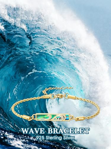 Waves/Tree of Life/Mushrooms/Moon Phase/Butterfly/Hummingbird Bracelet/Anklet 925 Sterling Silver Adjustable Abalone Shell Bar Bracelet/Anklet Summer Jewelry Gifts for Women - color: Waves-Abalone-Yellow Gold, size: Bracele 7"+2"
