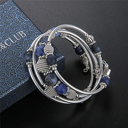PEARL&CLUB Beaded Chakra Bangle Turquoise Bracelet - Fashion Jewelry Wrap Bracelet with Thick Silver Metal and Mala Beads, Birthday Gifts For Women - color: Navy Blue