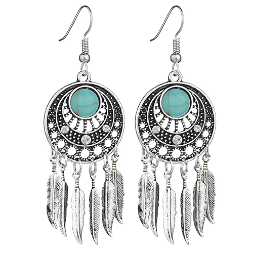 Blue Turquoise Dream Catcher Feather Earrings for Women Vintage Bohemian Western Jewelry - style: Silver Turquoise