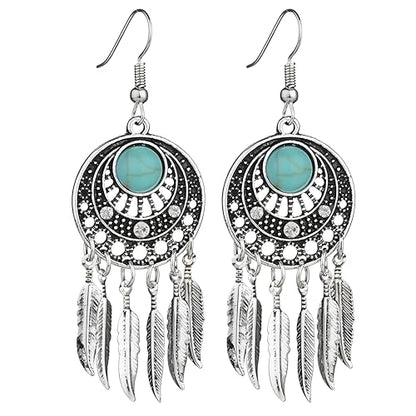 Blue Turquoise Dream Catcher Feather Earrings for Women Vintage Bohemian Western Jewelry - style: Silver Turquoise