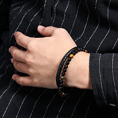 RIOSO 6 Pieces Mens Leather Bracelet Stainless Steel Multi-layer Braided Black Leather Bracelets for Men