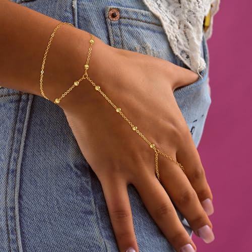 Hand Chain Bracelets for Women - 14K Real Gold Plated Dainty Stackable Paperclip Link Bracelets Hand Chain Bracelet Ring Gold Bracelets for Women Trendy - color: 4 Bead Hand Chain