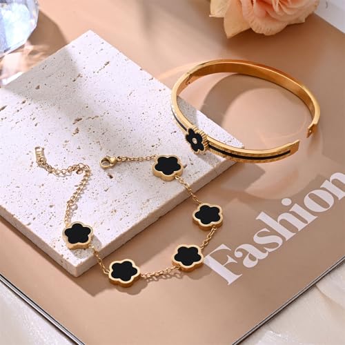 2pcs Stackable Bangle Bracelets 18K Gold Plated Lucky Clover Bracelet Stainless Steel Clover Jewelry Set Fashion Birthday Gifts for Women - color: Gold Black Stackable Bracelets