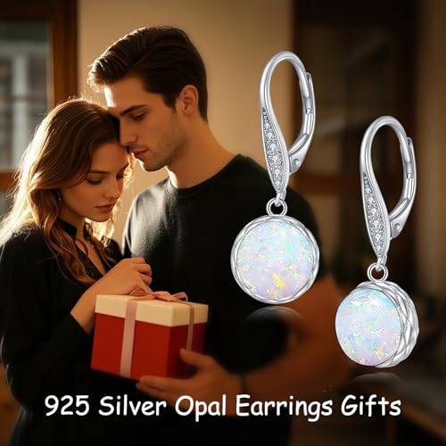 925 Sterling Silver 8mm Pearl Dangle Drop Earrings Moonstone Larimar Opal Rose Quartz Black Pearl Leverback Earrings for Women Christmas Gifts for Her - style: Opal Earrings