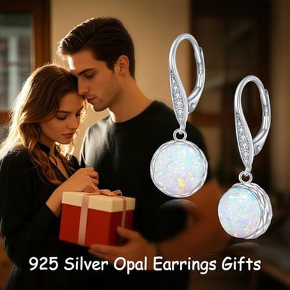 925 Sterling Silver 8mm Pearl Dangle Drop Earrings Moonstone Larimar Opal Rose Quartz Black Pearl Leverback Earrings for Women Christmas Gifts for Her - style: Opal Earrings