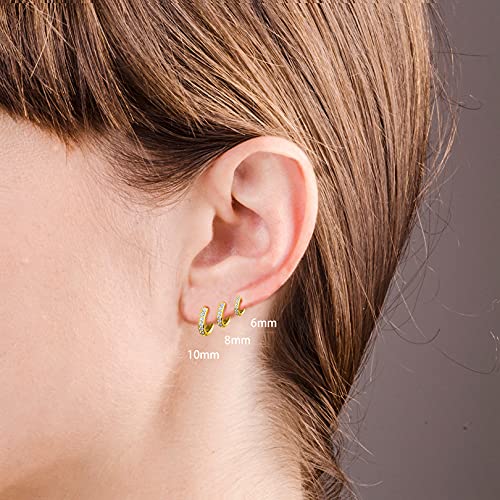 3 Pairs 925 Sterling Silver Small Hoop Earrings for Women Men | Cubic Zirconia, 14K White Gold Plated Huggie Hoop Earrings, Hypoallergenic - style: J-gold 6/8/10mm