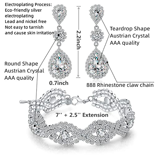 Paxuan Silver/Gold Plated Bridal Wedding Rhinestone Earrings Bracelet Set for Wedding Brides Bridesmaids Crystal Stone Dangle Drop Earrings Link Tennis Bracelet Set for Women Wedding - color: Bracelet and Earrings Set