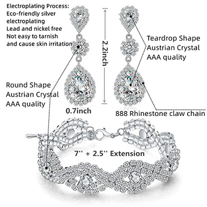 Paxuan Silver/Gold Plated Bridal Wedding Rhinestone Earrings Bracelet Set for Wedding Brides Bridesmaids Crystal Stone Dangle Drop Earrings Link Tennis Bracelet Set for Women Wedding - color: Bracelet and Earrings Set