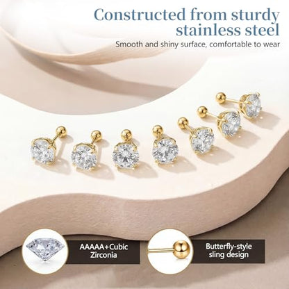 7 Pairs 20G Stainless Steel Stud Earrings Set Cubic Zirconia CZ Earrings Multi Size 2mm-8mm - color: golden, size: Modern