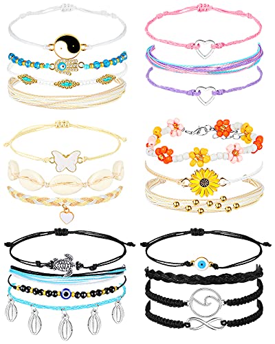 Hicarer 21 PC Surfer Wave Friendship Bracelet Set Waterproof Adjustable Boho Beach String Anklets Bulk, Summer Gift for Women - style: Assorted Style