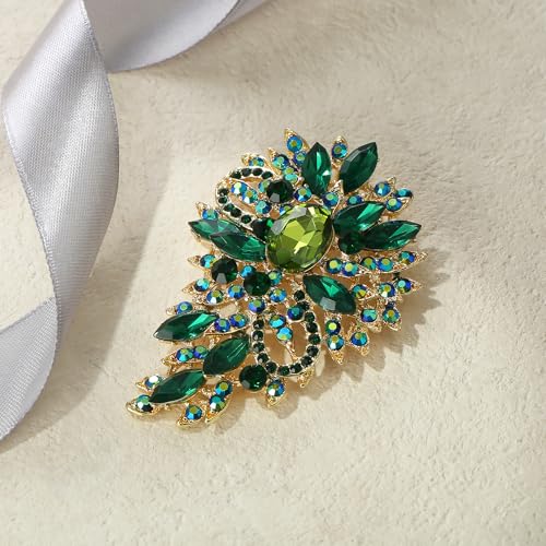 EVER FAITH Women's Austrian Crystal Wedding Flower Leaf Bouquet Brooch - color: Emerald Color