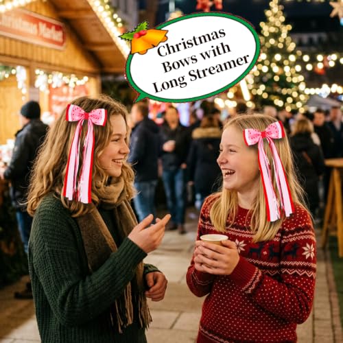 2PCS Christmas Long Streamer Hair Bow Clips, 3.54 Inch Grosgrain Ribbon Bow | Red and White Sequin, Candy Cane Pattern, Lined Alligator Clips XMAS Hair Accessories for Ponytail Styling - color: Red Candy Cane
